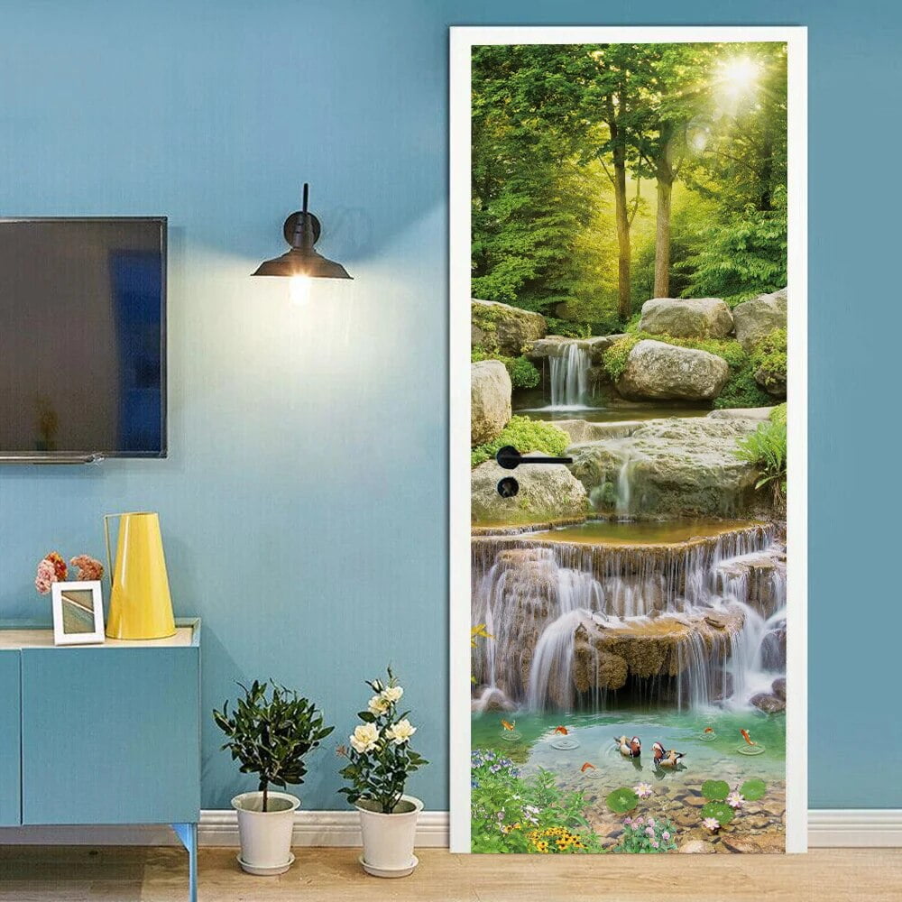 Nature Waterfall 3D Door Sticker Custom Size Self Adhesive Wallpaper On