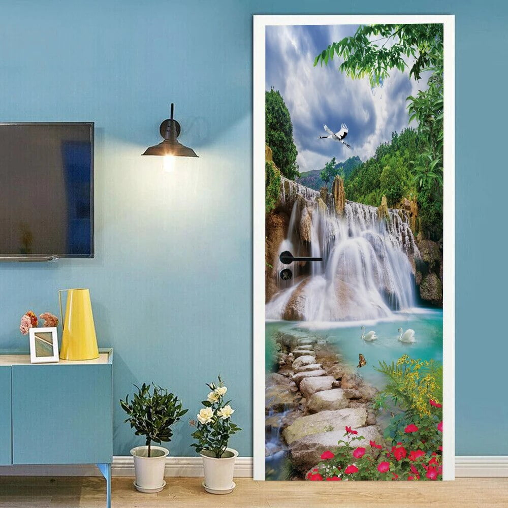 Nature Waterfall 3D Door Sticker Custom Size Self Adhesive Wallpaper On