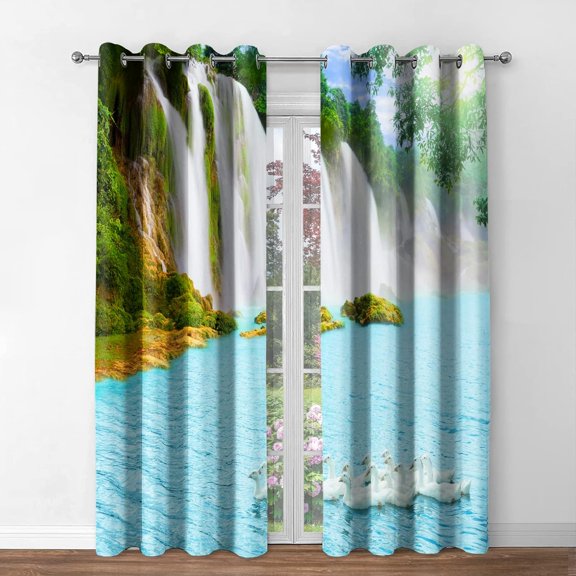 Nature Waterfall Blackout Curtains for Bedroom Living Room Natural Mountains Waterfall Lakes Swan Trees Print Blocking Curtain Drapes Decor Home Grommet Window Treatment 2 Panel Set, 52"x63"
