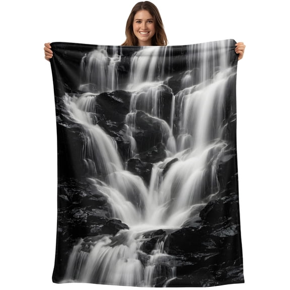 Nature Waterfall Blanket Soft Cozy Warm Throw Blanket for Couch, Plush Fuzzy Flannel Blankets for Sofa, Grey Vintage Rushing Water Scenery Bed Blankets Lightweight Gifts for Women, 30"x40"