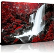 Nature Waterfall Landscape Wall Art Red and Black Bathroom Picture Wall Decor Trees Forest Canvas Painting Season Mountain Scenery Photo Prints Poster Natural A