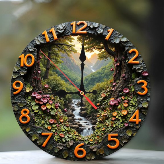 Nature Waterfall Landscape Wall Clock 10-Inch Silent Wooden Wall Clock, Battery Operated (AA Batteries Not Included), Artistic Home Decor