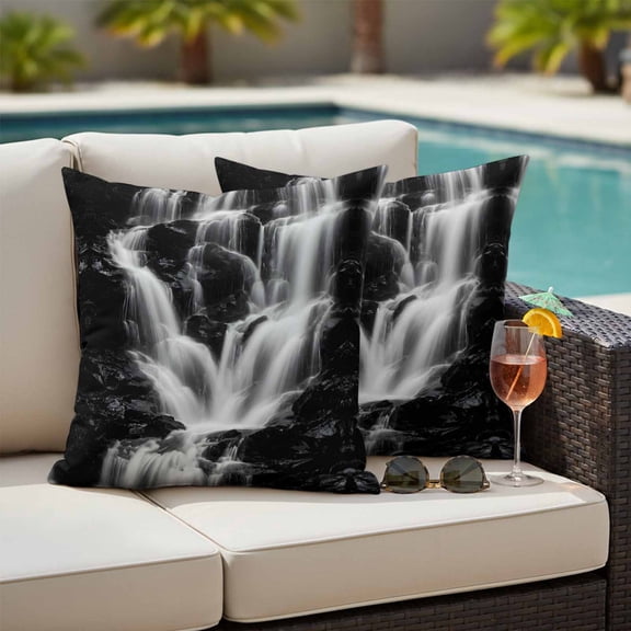 Nature Waterfall Outdoor Pillow Covers 16x16 Inch Throw Pillow Covers Set of 2 Waterproof Decorative Pillow Cases Grey Vintage Rushing Water Scenery Cushion Covers for Patio Furniture Garden Couch