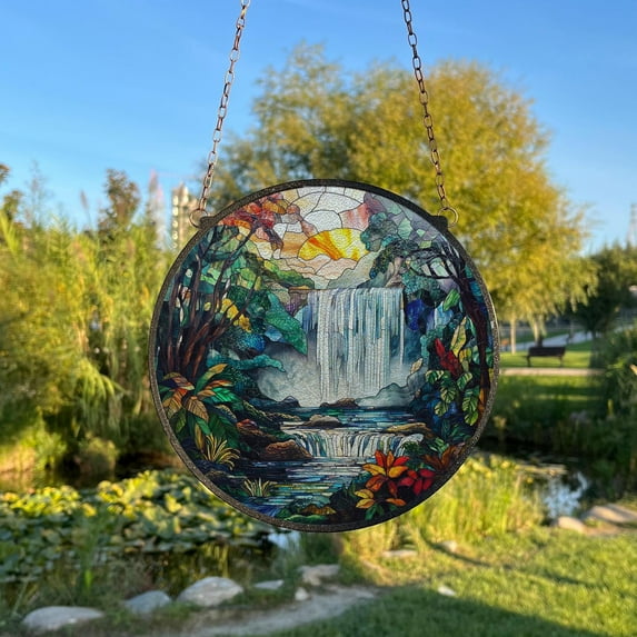 Nature Waterfall Painted Stained Glass Suncatcher, Window Hanging Decor, Outdoor Sun Catcher Decor, Landscape Decor, Nature Art