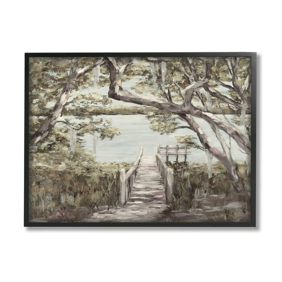 Nature Waterfront Path Bridge Landscape Painting Black Framed Art Print Wall Art