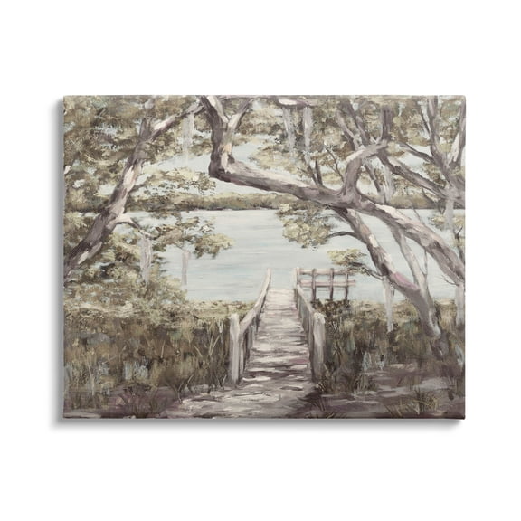 Nature Waterfront Path Bridge Landscape Painting Gallery Wrapped Canvas Print Wall Art