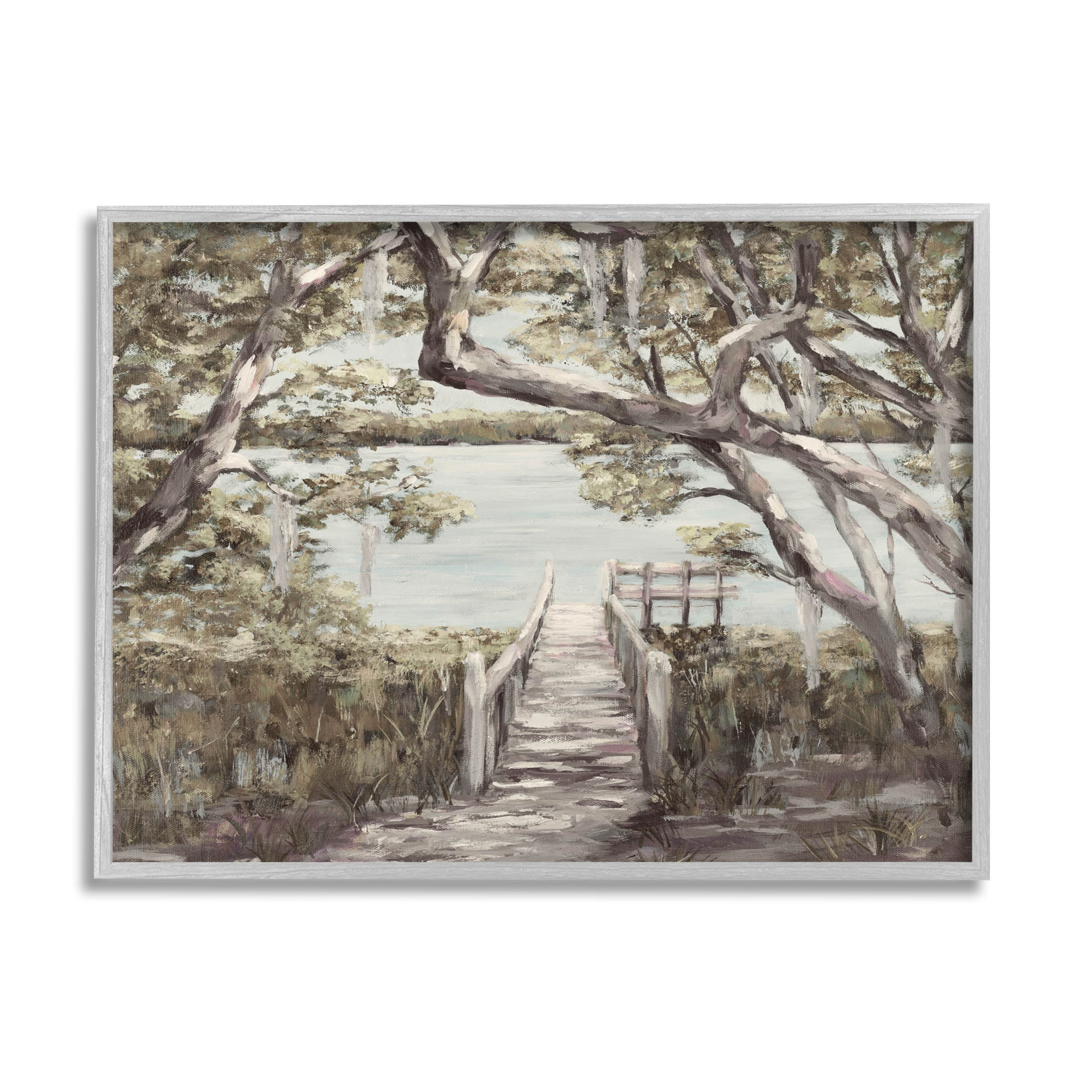 Nature Waterfront Path Bridge Landscape Painting Gray Framed Art Print Wall Art