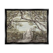 Nature Waterfront Path Bridge Landscape Painting Jet Black Framed Art Print Wall Art