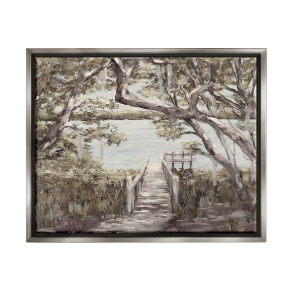 Nature Waterfront Path Bridge Landscape Painting Luster Gray Framed Art Print Wall Art