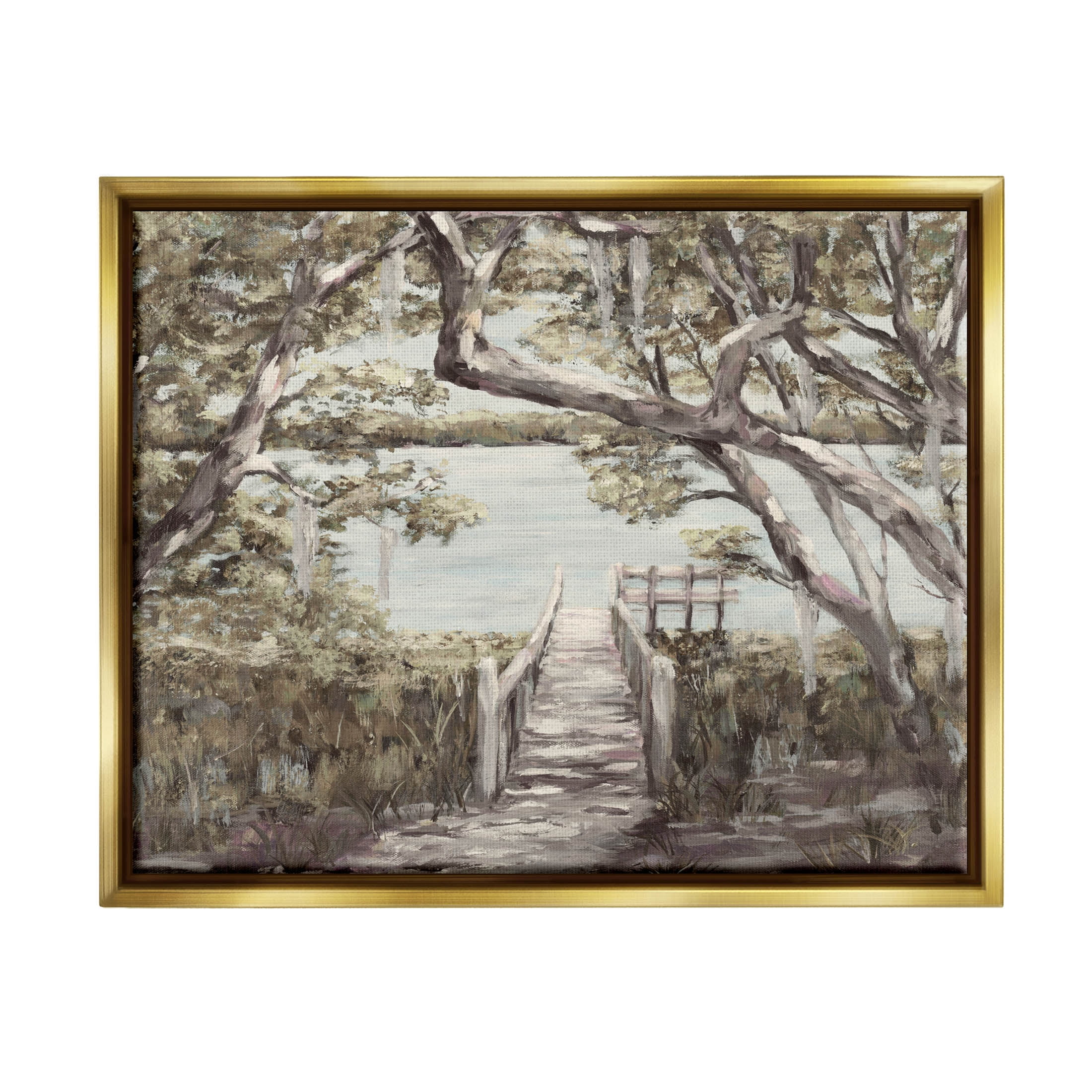 Nature Waterfront Path Bridge Landscape Painting Metallic Gold Framed Art Print Wall Art