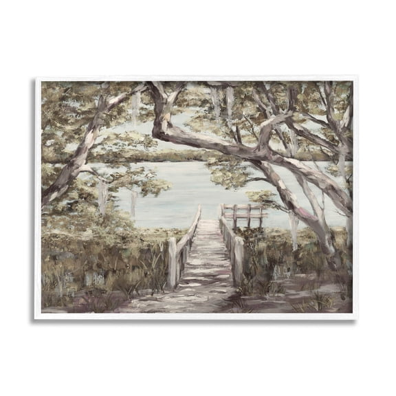 Nature Waterfront Path Bridge Landscape Painting White Framed Art Print Wall Art