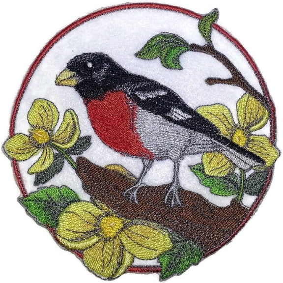 Rose-Breasted Grosbeak  Wood Poppy Circle Embroidered Patch (5.85" x 5.78")  Woodland Nature Iron-On or Sew-On Design, USA Made