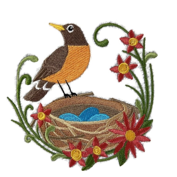 Nature Weaved in Threads, Amazing Birds Kingdom [Spring Robin and Nest ] [Custom and Unique] Embroidered Iron on/Sew Patch (4.83" x 5") [Made in USA]