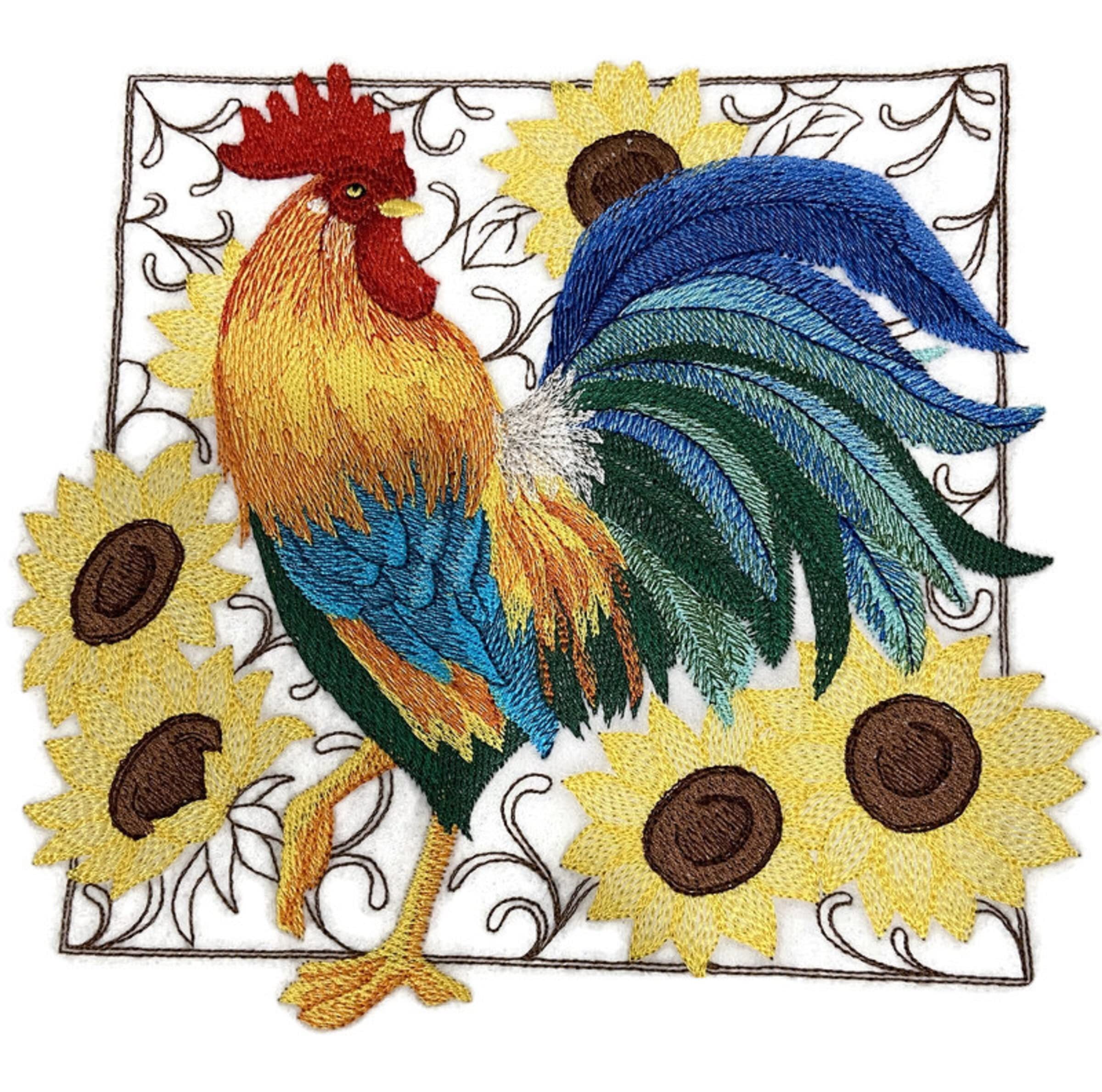 Nature Weaved in Threads, Amazing Rooster [Rooster  Sunflower Square ] [Custom and Unique] Embroidered Iron on/Sew Patch (7.45" x 6.9") [Made in USA]