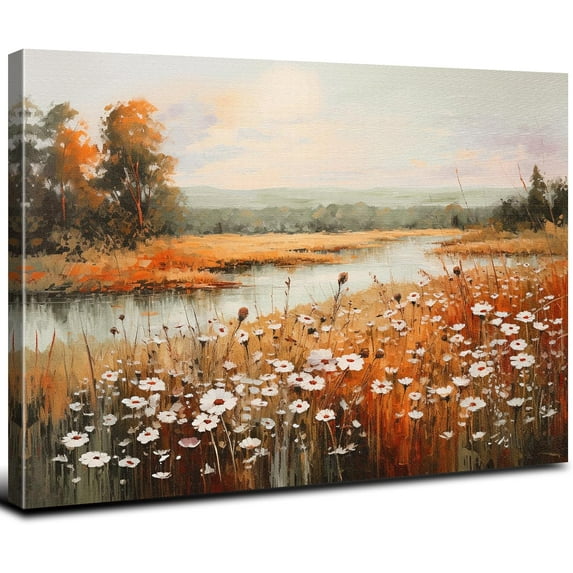 Nature Wildflower Wall Art White Daisy Flowers Canvas Prints Pictures Vintage Watercolor Fall Landscape Wall Decor Orange Autumn Scenic Artwork for Living Room Bedroom Kitchen Home Decorations 12x16"