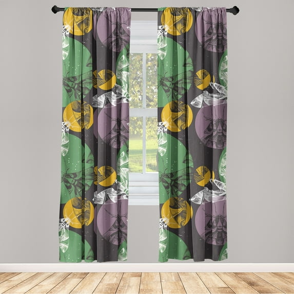 Nature Window Curtains, Abstract Moth Sketch Illustration withModern Round Shapes on Dark Backdrop, Lightweight Decor 2-Panel Set with Rod Pocket, Pair of - 28"x84", Orange Pale Lilac, by Ambesonne