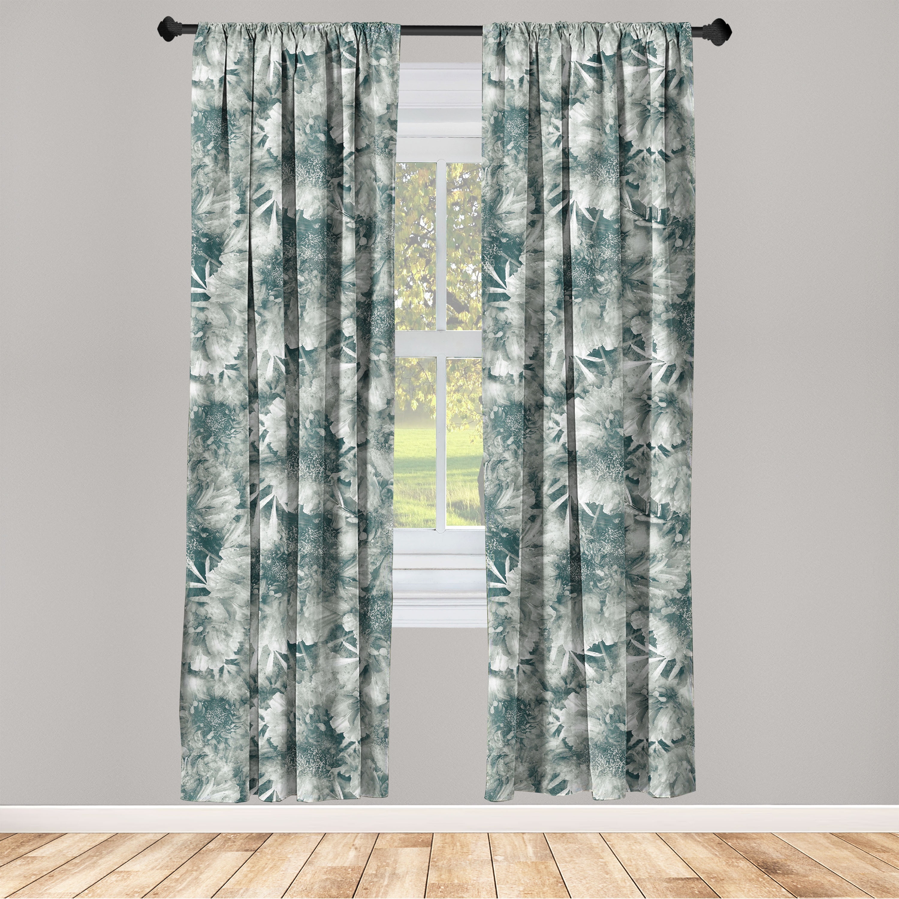 Nature Window Curtains, Abstract Theme Floral Silhouette Pattern With 