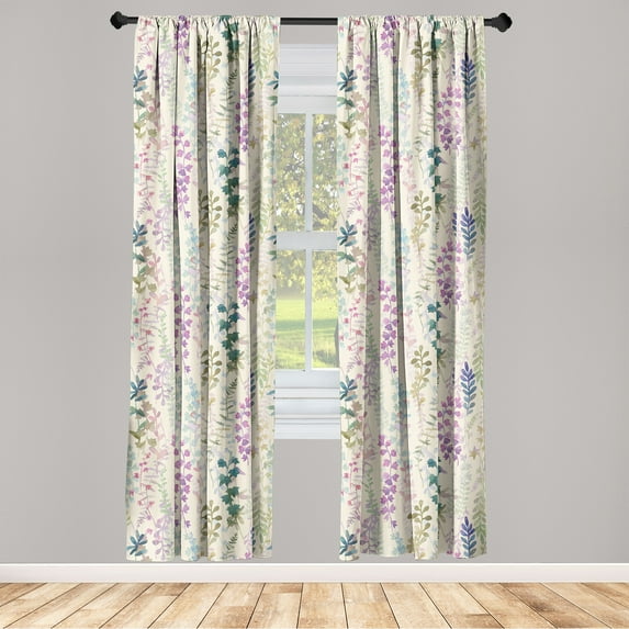 Nature Window Curtains, Botanical Theme Hand-Drawn Repetitive Leaves Watercolor Illustration, Lightweight Decor 2-Panel Set with Rod Pocket, Pair of - 28"x63", Pale Purple and Grey Teal, by Ambesonne