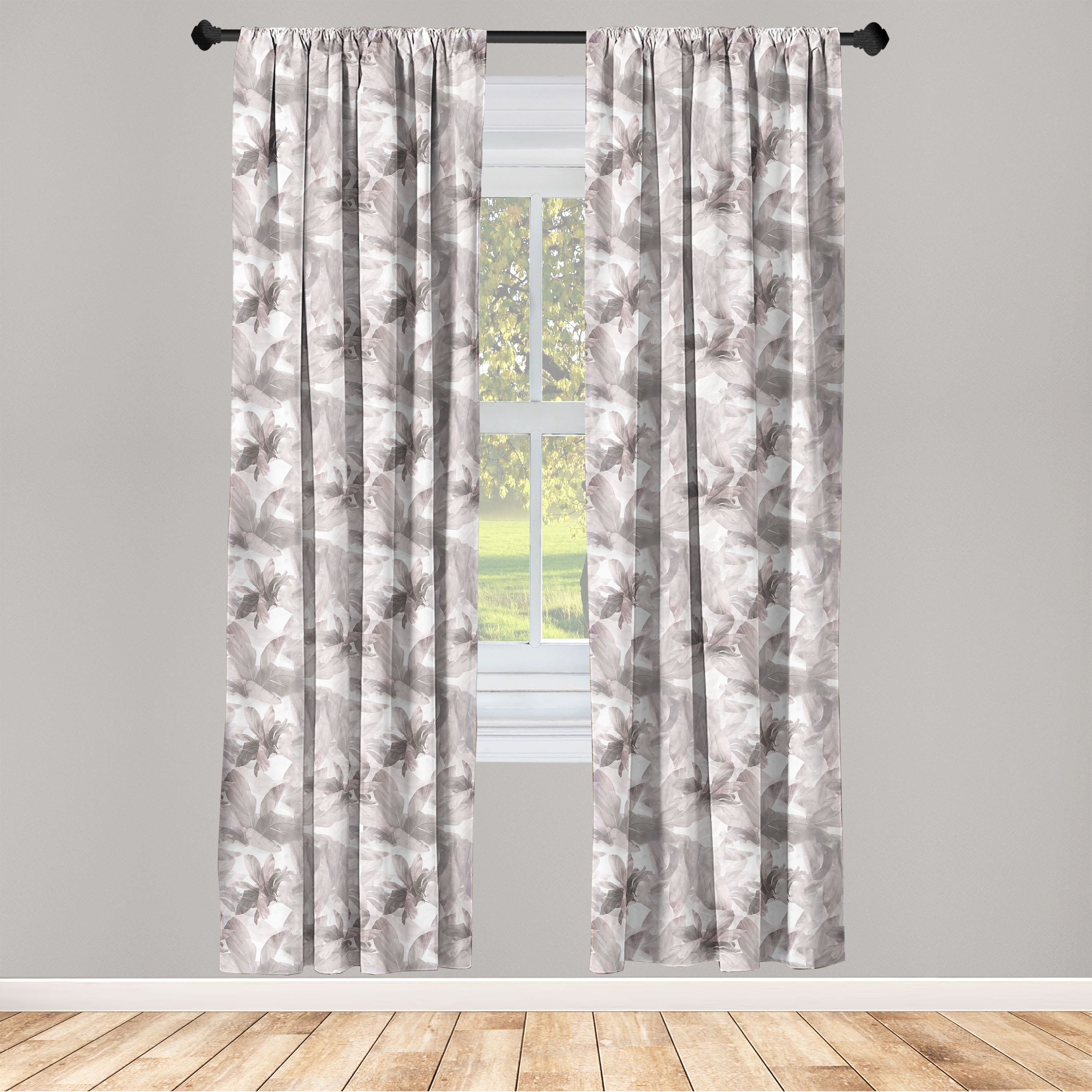 Nature Window Curtains, Contemporary Style Monochrome Digital Drawn Jungle Leaf Pattern Print
