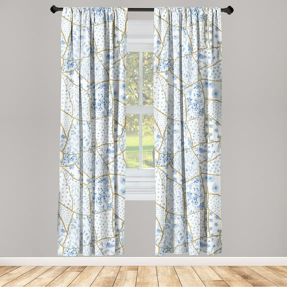 Nature Window Curtains, Floral Concept Continuous Patchwork Style Flowers Pattern on Plain Back, Lightweight Decor 2-Panel Set with Rod Pocket, Pair of - 28"x63", Pale Camel and Sky Blue, by Ambesonne