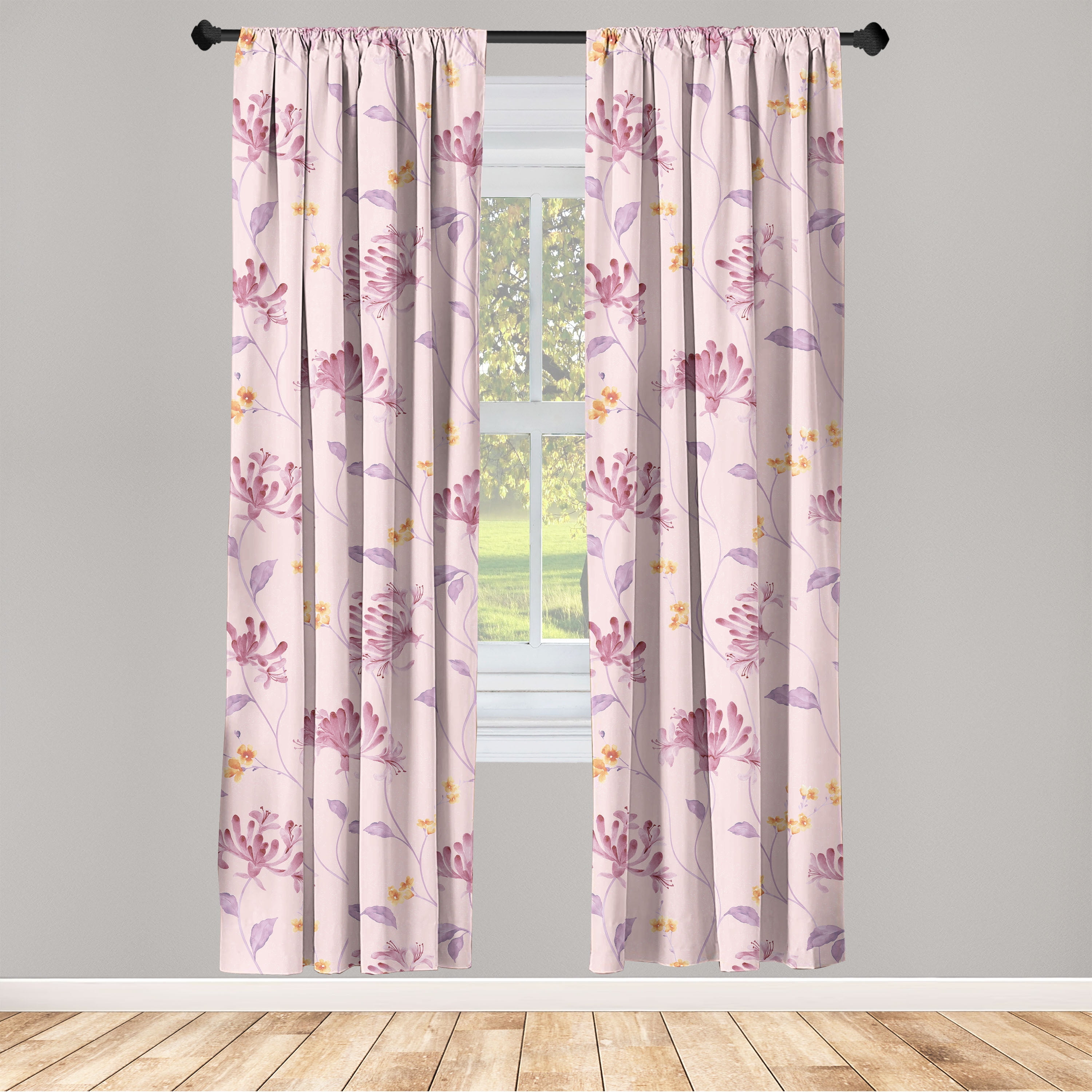 Nature Window Curtains, Floral Theme Colorful TropicalLike Flowers and Leaves Illustration
