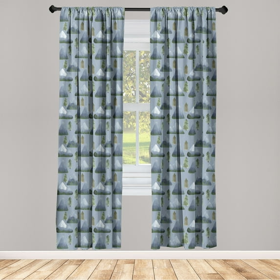 Nature Window Curtains, Forest Inspired Mountain Landscape Sketch Pattern With Tree Drawing, Lightweight Decor 2-Panel Set with Rod Pocket, Pair of - 28"x84", Slate Blue and Reseda Green, by Ambesonne