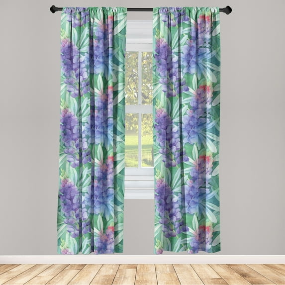 Nature Window Curtains, Garden Inspired Botanical Lupine Sketch Pattern With Leaves Print Artwork, Lightweight Decor 2-Panel Set with Rod Pocket, Pair of - 28"x63", Fern Green and Violet, by Ambesonne