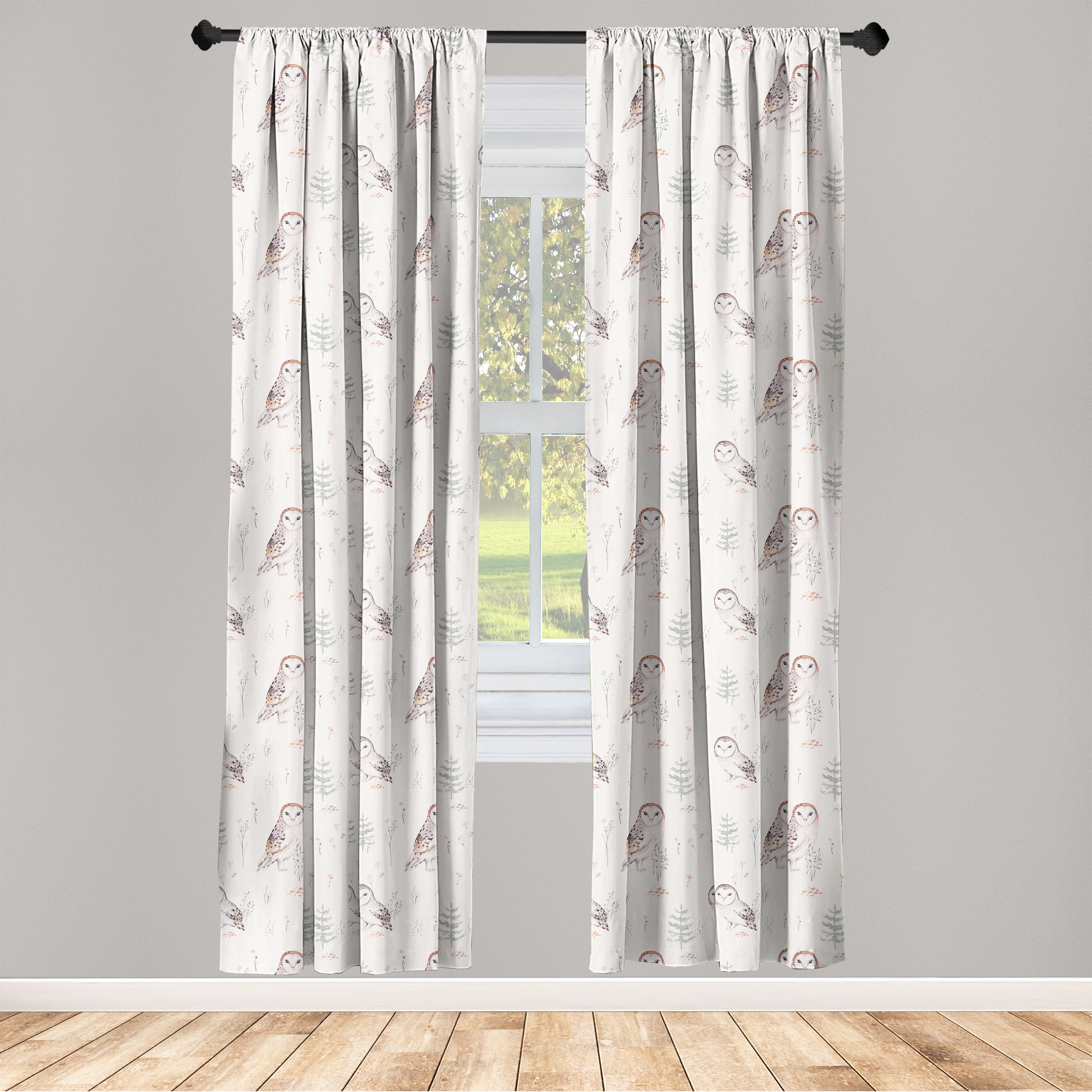Nature Window Curtains, Hand Drawn Looking Owl and Floral Illustrations on Plain Background