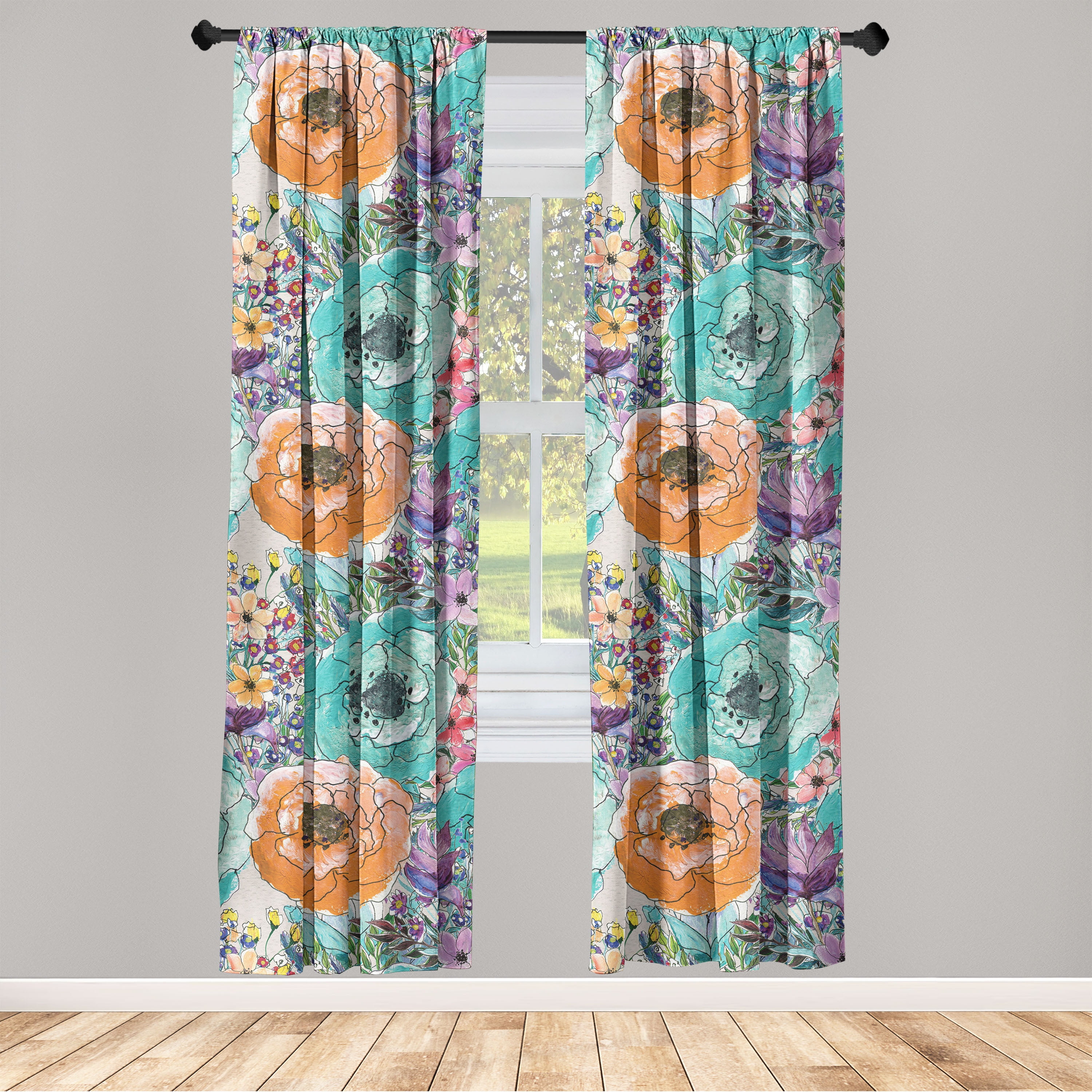 Nature Window Curtains, HandDrawn PastelColored Simplistic Flowers and Leaves Floral Art