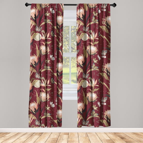 Nature Window Curtains, Jungle Inspired Butterfly and Protea Flower Illustration Print, Lightweight Decor 2-Panel Set with Rod Pocket, Pair of - 28"x84", Pale Camel Maroon and Black, by Ambesonne