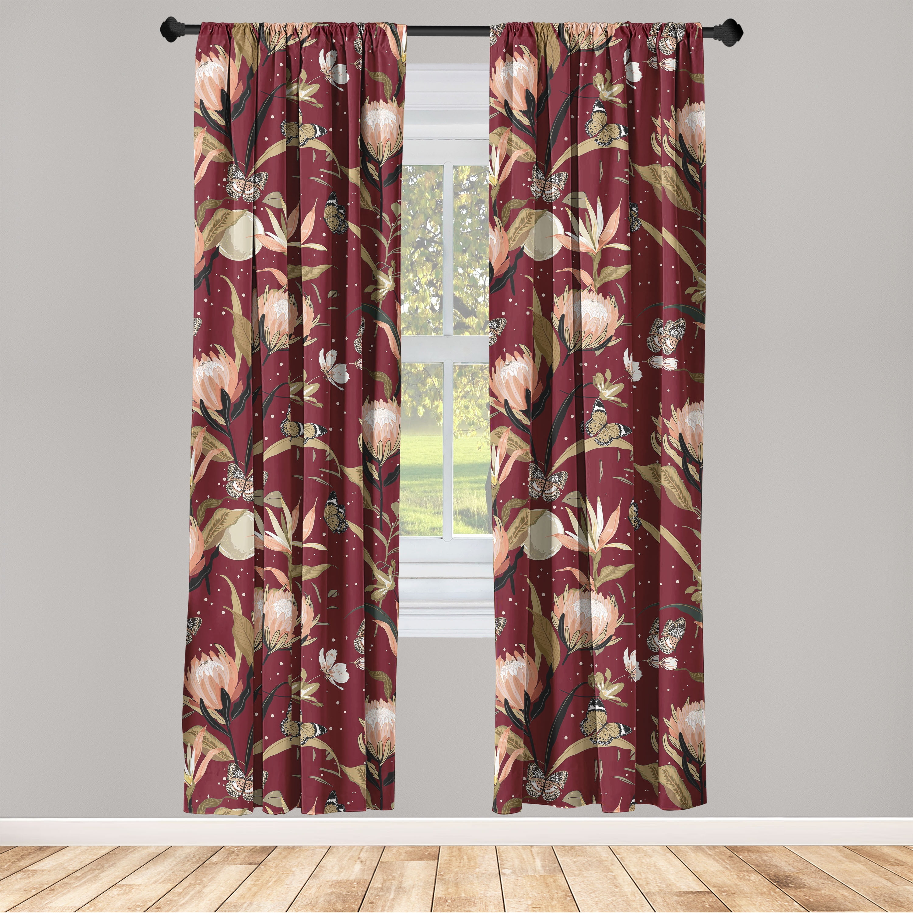 Nature Window Curtains, Jungle Inspired Butterfly and Protea Flower Illustration Print