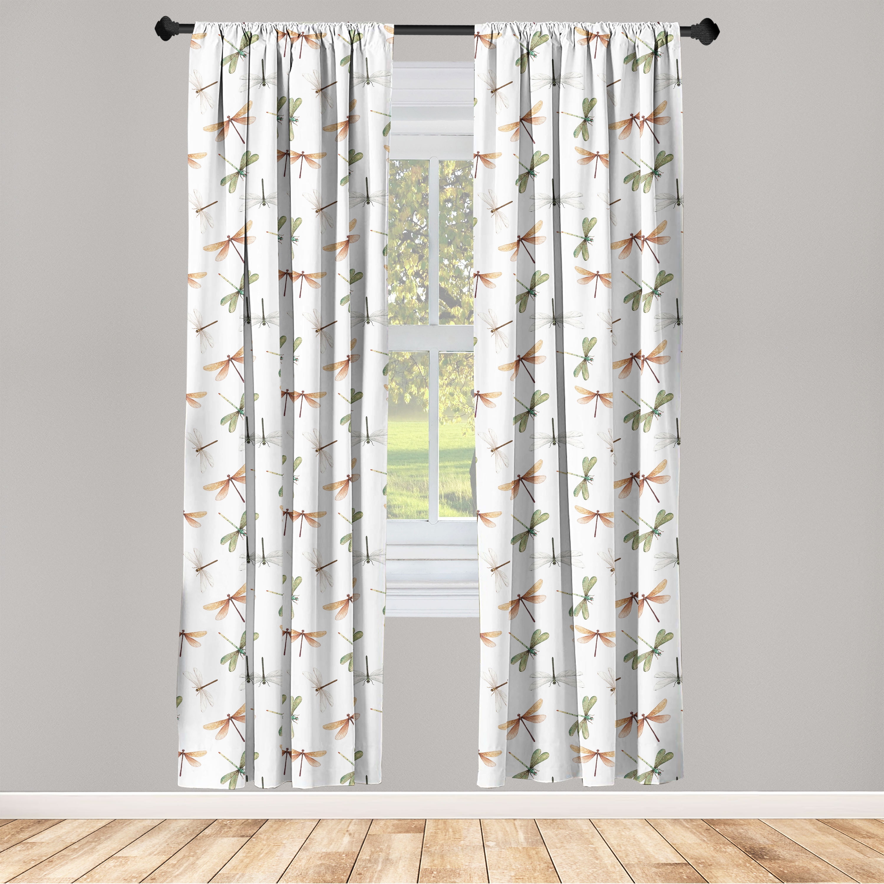 Nature Window Curtains, Jungle Inspired Repetetive Dragonfly Illustration on Plain Background