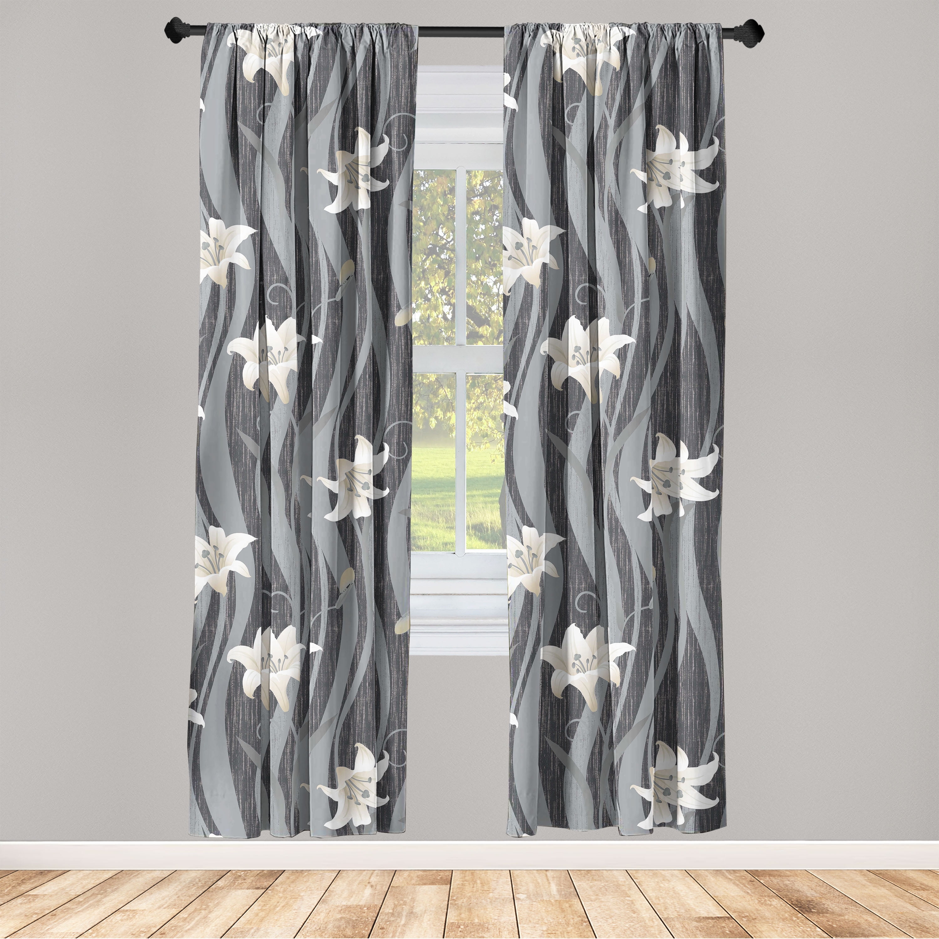 Nature Window Curtains, Jungle Inspired Water Flower Drawing With Stripes on Weathered Backdrop