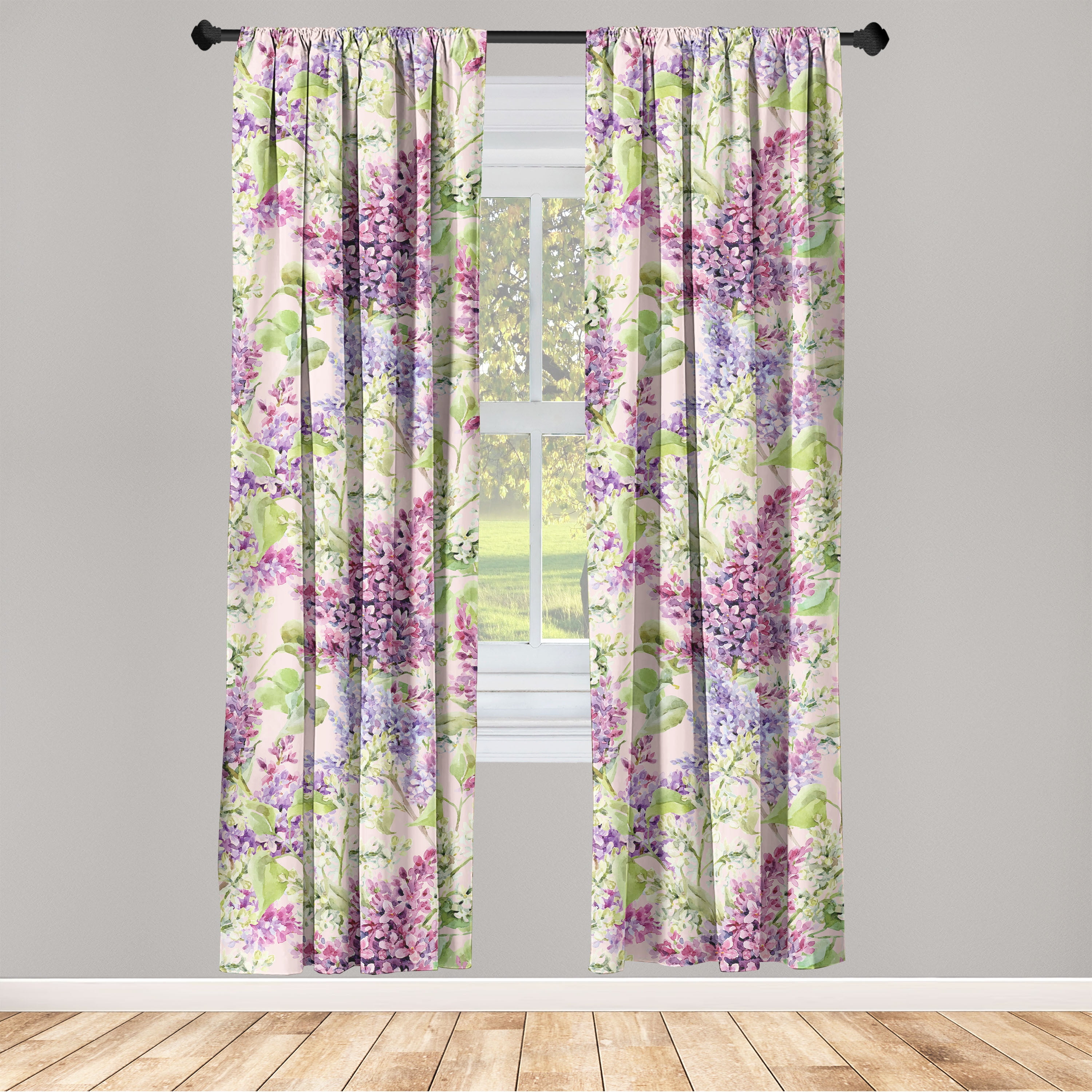 Nature Window Curtains, Lilac Flowers Leaves Watercolor Floral Art on Plain Backdrop