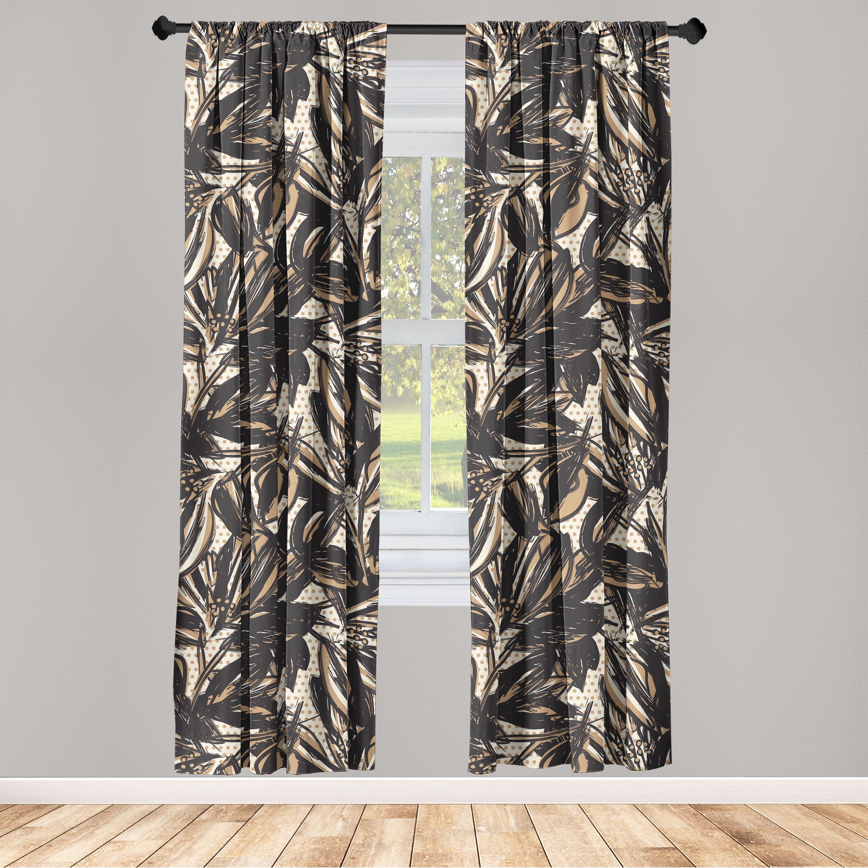 Nature Window Curtains, Minimalist Style Drawn Jungle Leaves Sketch Pattern on Dotted Background