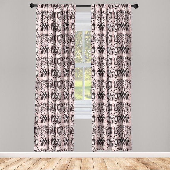 Nature Window Curtains, Repetitive Oversimplified Tiger Silhouette With Stripe Pattern Print Artwork, Lightweight Decor 2-Panel Set with Rod Pocket, Pair of - 28"x63", Pale Pink Black, by Ambesonne
