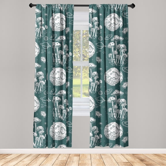 Nature Window Curtains, Space Theme Illustrated Minimalist Moon Sketch Pattern With Mushroom Print, Lightweight Decor 2-Panel Set with Rod Pocket, Pair of - 28"x95", Jade Green Eggshell, by Ambesonne