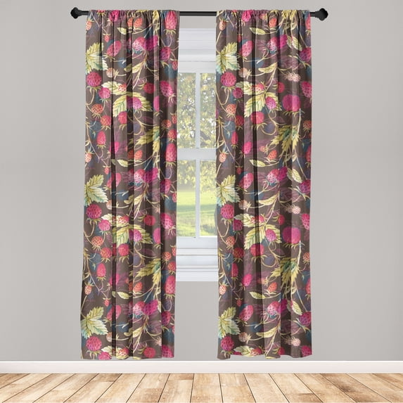 Nature Window Curtains, Summer Concept Continuous Strawberries and Leaves Hand-Drawn Pattern, Lightweight Decor 2-Panel Set with Rod Pocket, Pair of - 28"x95", Hot Pink Khaki and Green, by Ambesonne