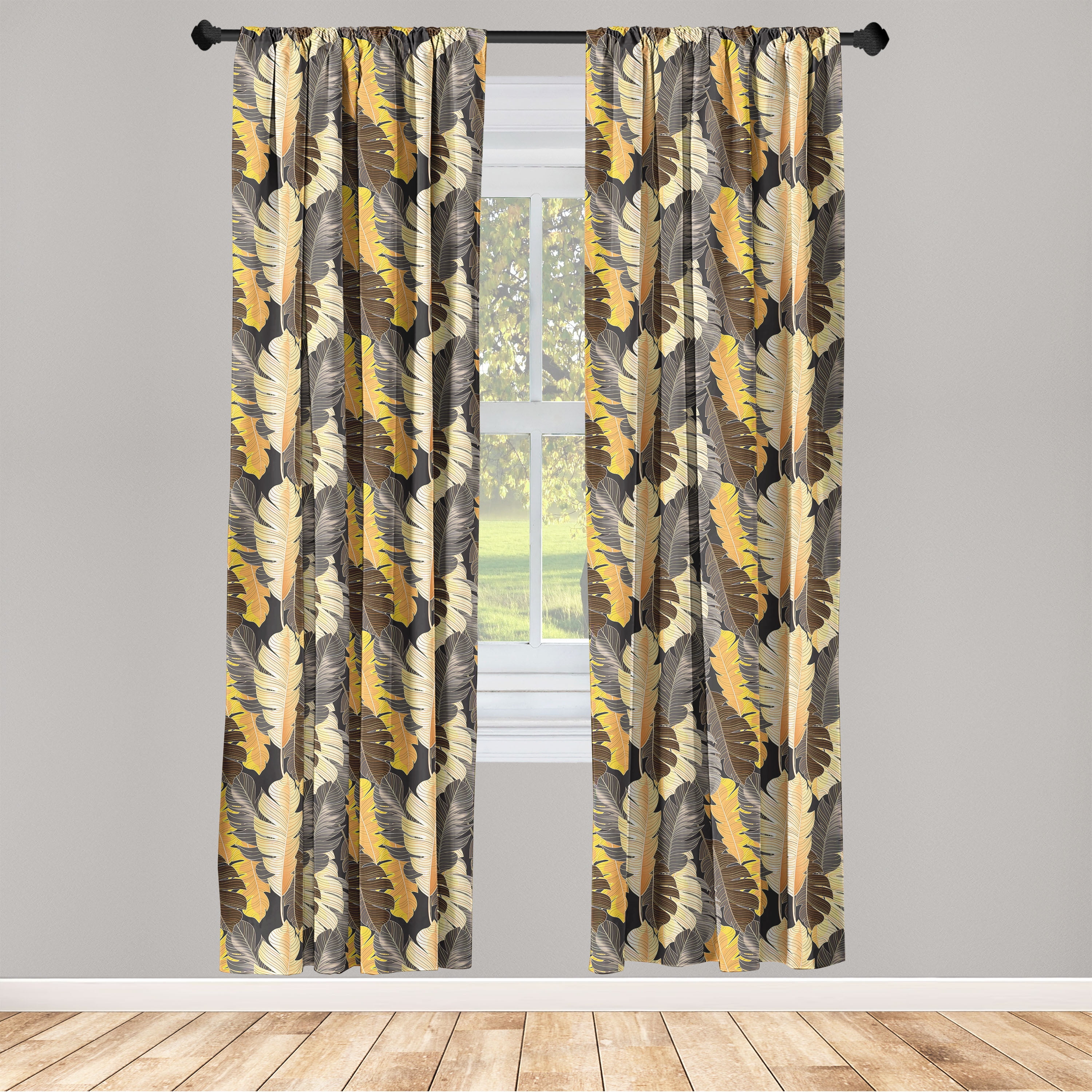 Nature Window Curtains, Tropical Inspired Illustration of Leaf Sketch Pattern on Dark Backdrop