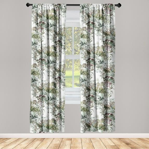 Nature Window Curtains, Vintage Watercolor Botanical Composition with Exotic Leaves and Petals, Lightweight Decor 2-Panel Set with Rod Pocket, Pair of - 28"x63", Khaki and Fern Green, by Ambesonne