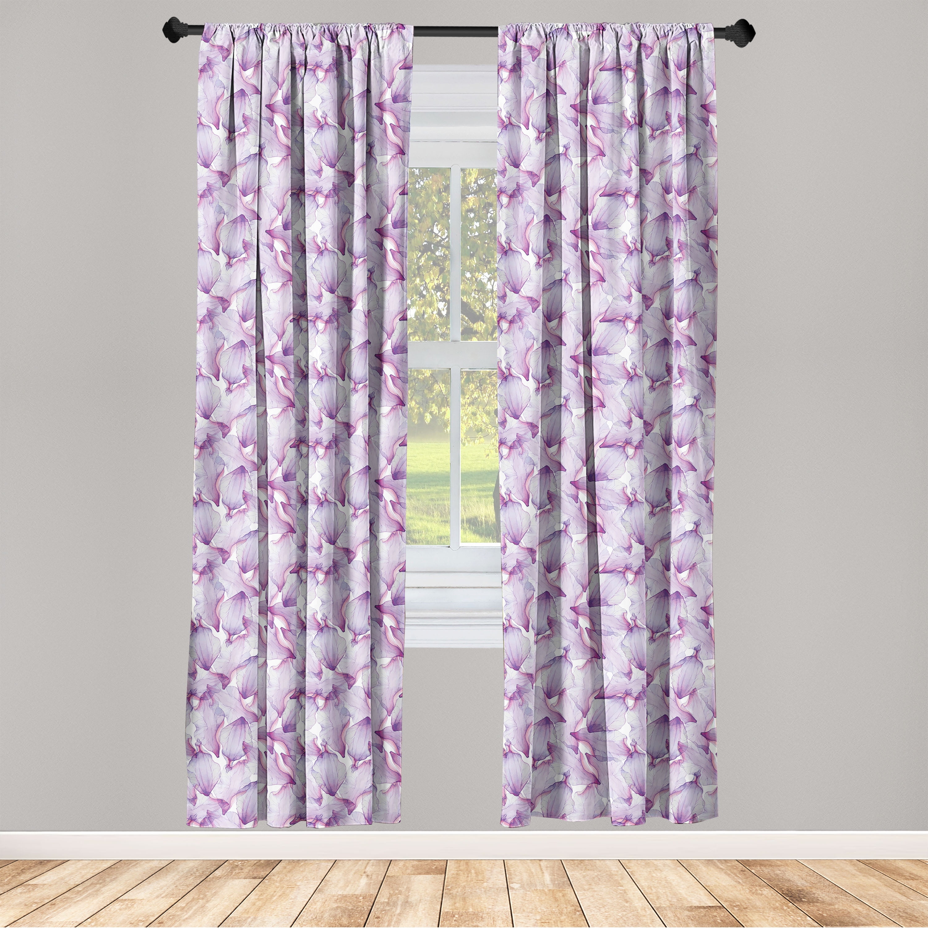 Nature Window Curtains, Watercolor Like Digital Drawn Petal Flower Illustration on Plain