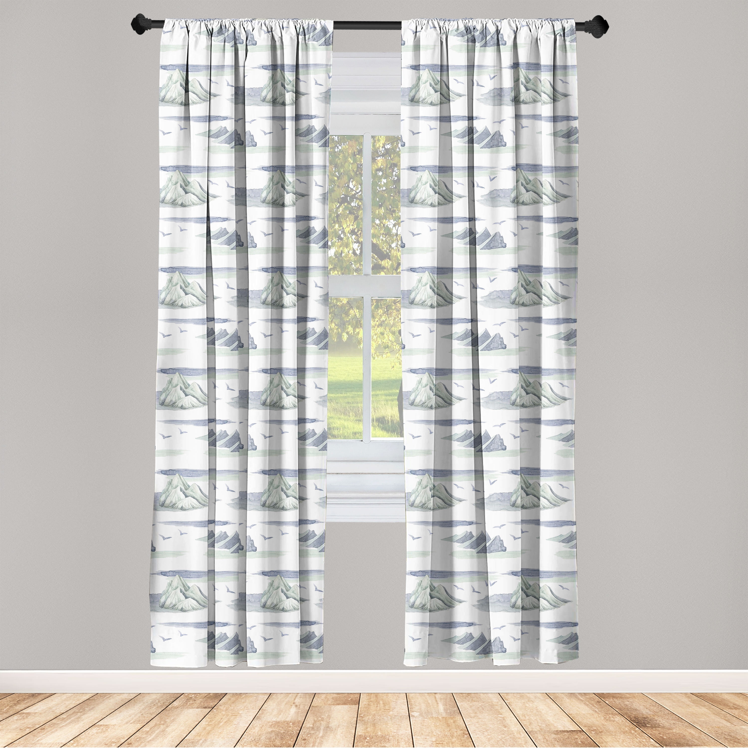 Nature Window Curtains, Watercolor Style Drawn Mountain Sketch With Birds on Plain Backdrop