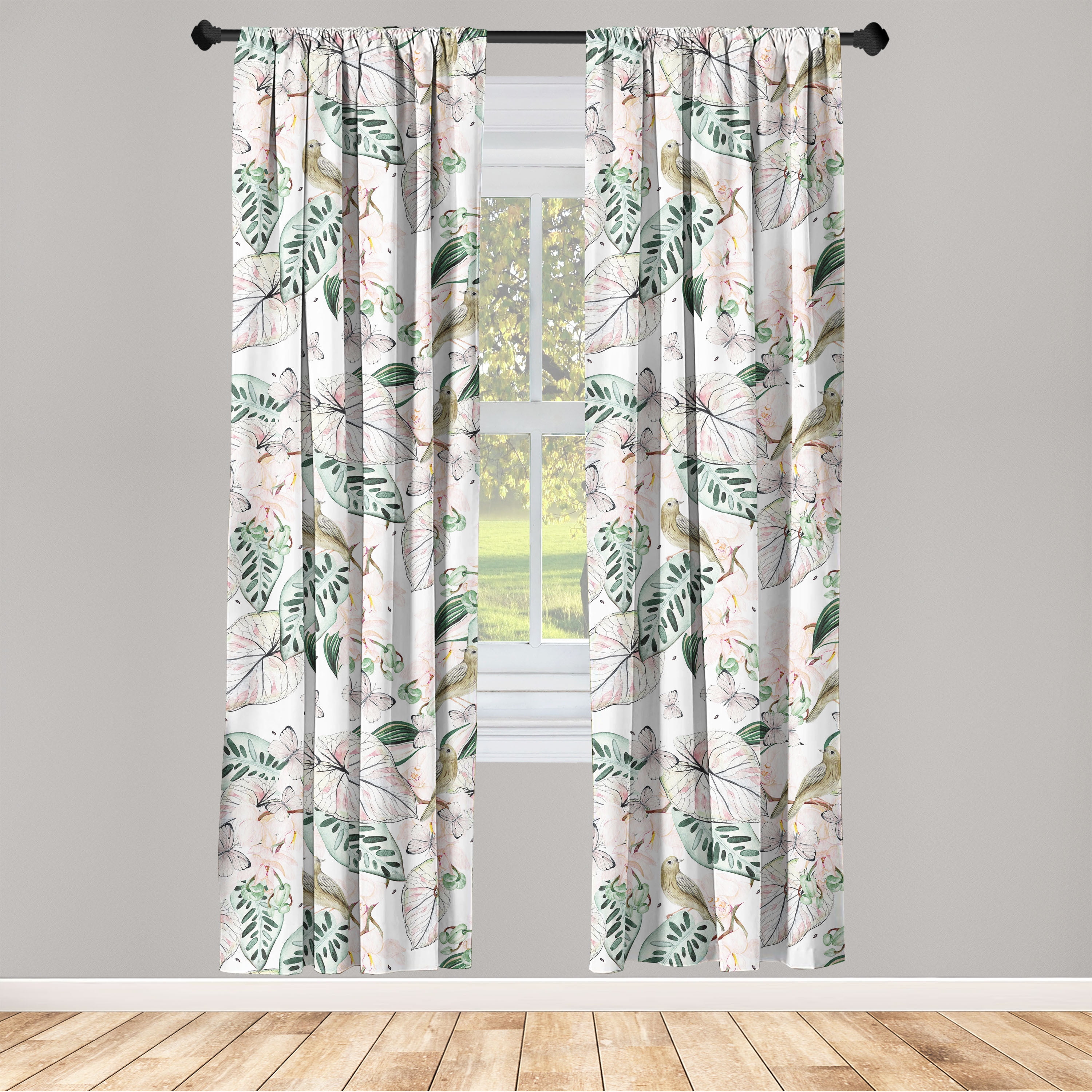 Nature Window Curtains, Wild Jungle Inspired Butterfly and Bird Sketches With Exotic Leaf