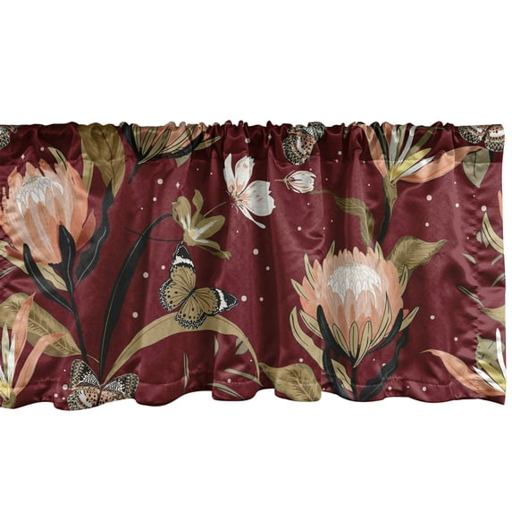Nature Window Valance, Jungle Inspired Butterfly and Protea Flower Illustration Print, Curtain Valance for Kitchen Bedroom with Rod Pocket, 54" X 18", Pale Camel Maroon and Black, by Ambesonne