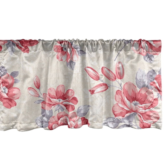 Nature Window Valance, Traditional Atmosphered Oriental Style Illustrated Rose and Leaf Pattern, Curtain Valance for Kitchen Bedroom with Rod Pocket, 54" X 18", Dark Pink Taupe Grey, by Ambesonne