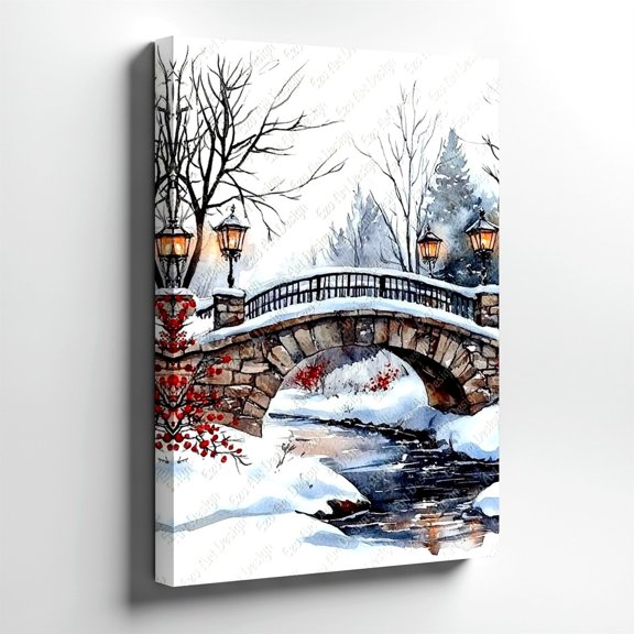 Nature Winter Snow Bridge Rustic Stone Vintage Wall Art, Office And Gallery Wall Decor
