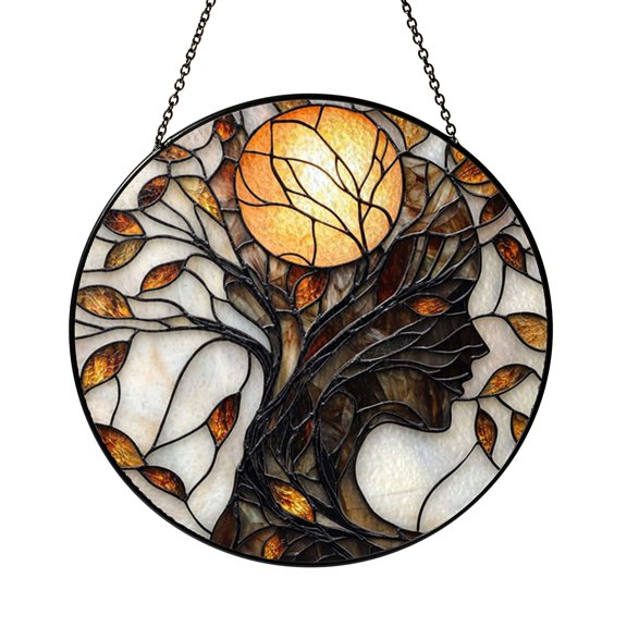 Nature Woman Fairy Tree Stained Glass Suncatcher, Decorative Window Hanging Sun Catcher for Home