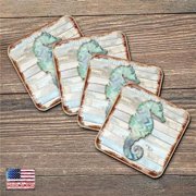 Nature Wonders 8198517-2-9C-S4 4 x 4 in. Seahorse Coastal Wooden Cork Coasters Gift - Set of 4