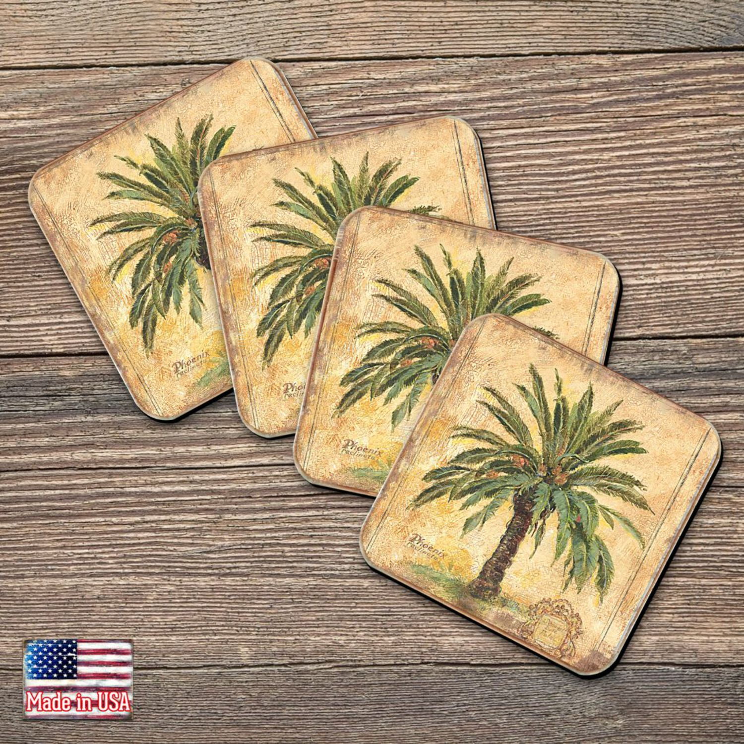 Palm Tree Coastal Wooden Cork Coasters Set of 4