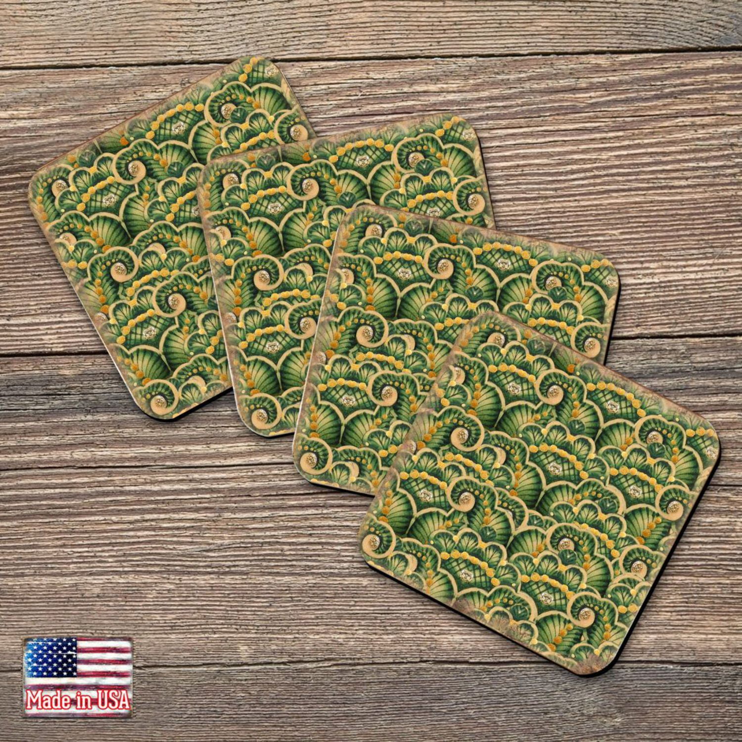 Nature Wonders Green and Yellow Floral Cork Coasters Set of 4